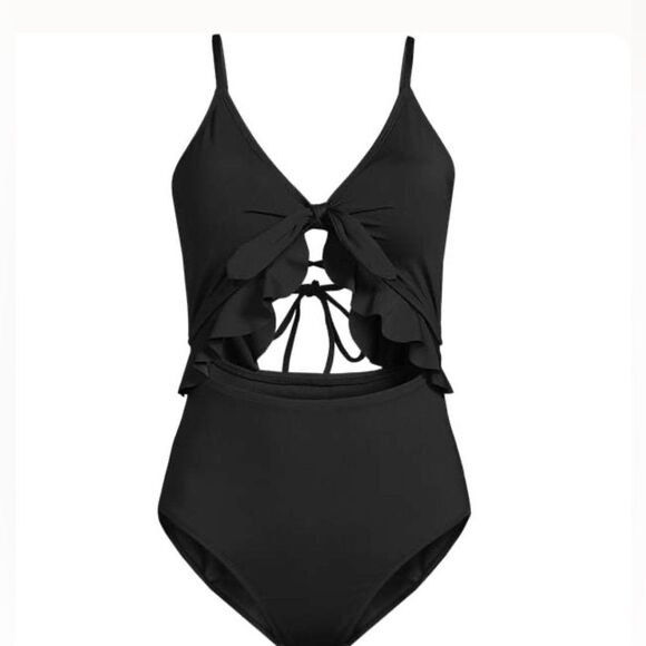 Land's End plus size one piece swim Tie front and back ruffle cut out black L - Picture 1 of 5